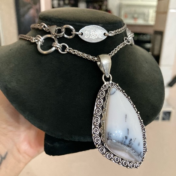 925 sterling silver overlay white grey agate gemstone charm boho stone necklace - Picture 14 of 14